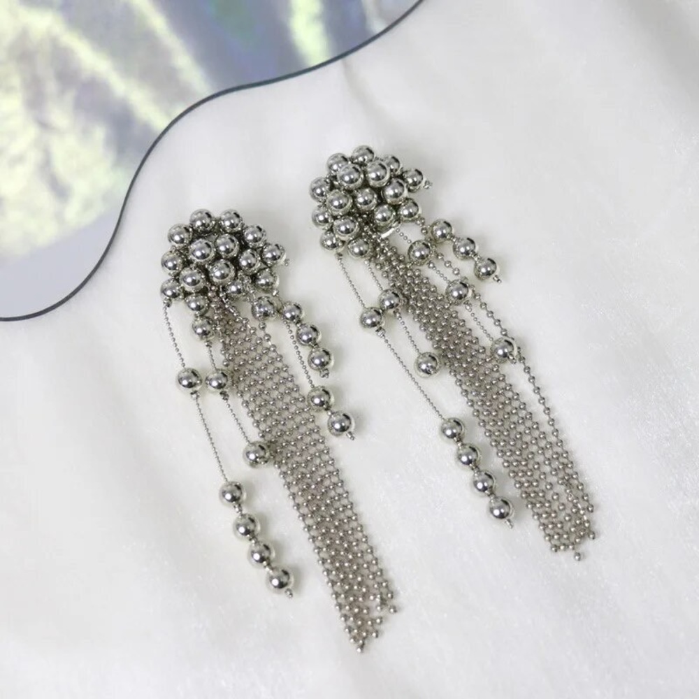 Zara EDGE NYC Uneven Chunky Dangle Mercury Pearl Pin Earrings long - Picture 9 of 16